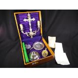 A good quality oak cased antique silver plated last rites box with Sacramental items