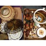 Two boxes containing a mixed lot to include a quantity of ornamental Treen cats, collector plates,