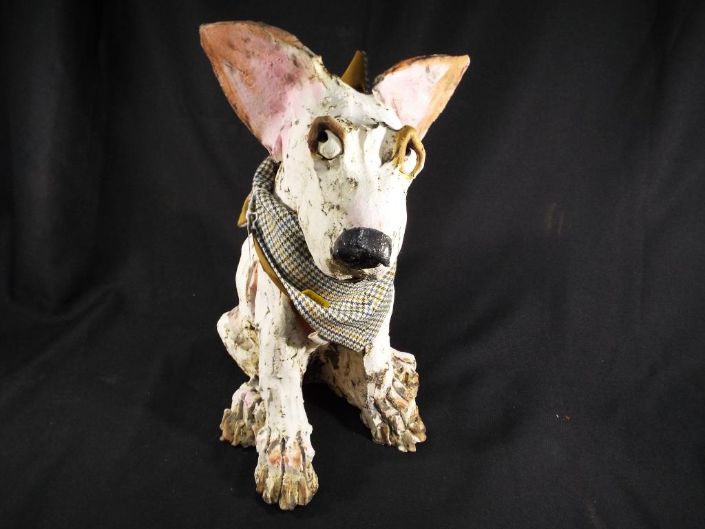 Olivia Brown - a ceramic sculpture in the form of a cross bull terrier sculpted by Olivia Brown