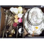 A mixed lot to include two brass fireside companion sets,