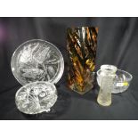 A good mixed lot of glassware to include an unusual stained glass cuboid art glass vase with