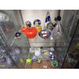 A collection of twenty paper weights, predominantly glass,