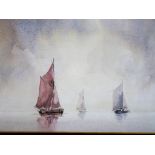 A framed maritime watercolour depicting three sailing boats at sea, image size 18 cm x 28 cm,