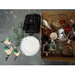 A mixed lot of ceramic tableware including glass candlesticks, vintage milk jugs,