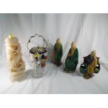 A good mixed lot to include three Oriental figurines, Carlton Ware biscuit barrel,