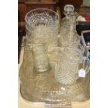 Large shallow crystal bowl, 37cm diameter, together with crystal decanters, jug,