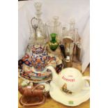 Imari wares, antique cruet and glass, cow creamer, Staffordshire nest inkwell, Guinness teapot,