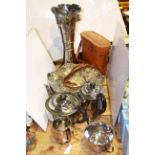 Tall silver plate lion mask vase, EP tea set,