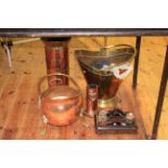 Two copper coal buckets, umbrella stand, poker stand, desk stand, scent bottle, netsuke,