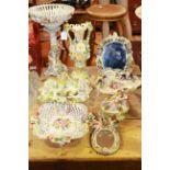Collection of eight pieces of painted and flower encrusted Continental porcelain,