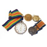 Cremona Park tin with silver pocket watch, two WWI medals for Pte Burke 42669,
