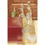 Crystal decanters, boxed pedestal bowl, enamelled green decanters,