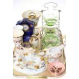 Two EP and coloured glass preserves, decorative vases, clock,