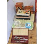 Boxed cutlery including silver christening set, china, musical box,