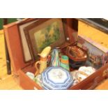 Vintage suitcase with accordion, vases, china,