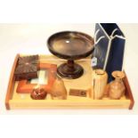 Wood tray, pedestal wood bowl, wood vases, Linley cheese doorstop, box, frame,