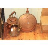 Antique copper warming pan and two copper kettles