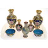 Collection of seven cloisonne and enamel vases