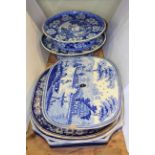 Two blue and white low tazza, drainer,