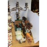 Two model Shires, Beswick cow, foal and two cats,