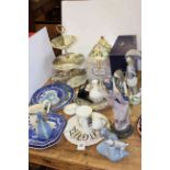 Four Lladro figures, Coalport cottage, blue and white plates,