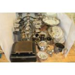 Collection of silver plated wares including entree dishes, coffee pot, boxed sets, candelabra,