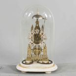 A VICTORIAN BRASS SINGLE FUSEE SKELETON CLOCK, of architectural form with Gothic pointed arches,