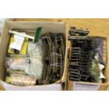 Two boxes of clockwork railway engines, rolling stock, track,