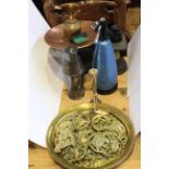 Kitchen scales and weights, cocktail shaker, soda siphon, horse brasses,