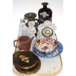 Chinese and Japanese cloisonne vases, Imari bowl, porcelain clock, figures, pair of oval portraits,