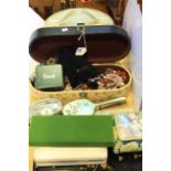 Collection of costume jewellery, two enamel backed brushes, ladies scents,
