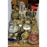 Collection of silver plated ware including cruets, tea set, egg stands,