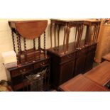 Mahogany three door sideboard, two drawer open bookcase, two nests of tables,