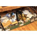 Three boxes of glass and china, horsebrasses, silver plate,