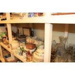 Oak barometer, wall shelf, dinnerware, plates, glassware, metalware, pictures,