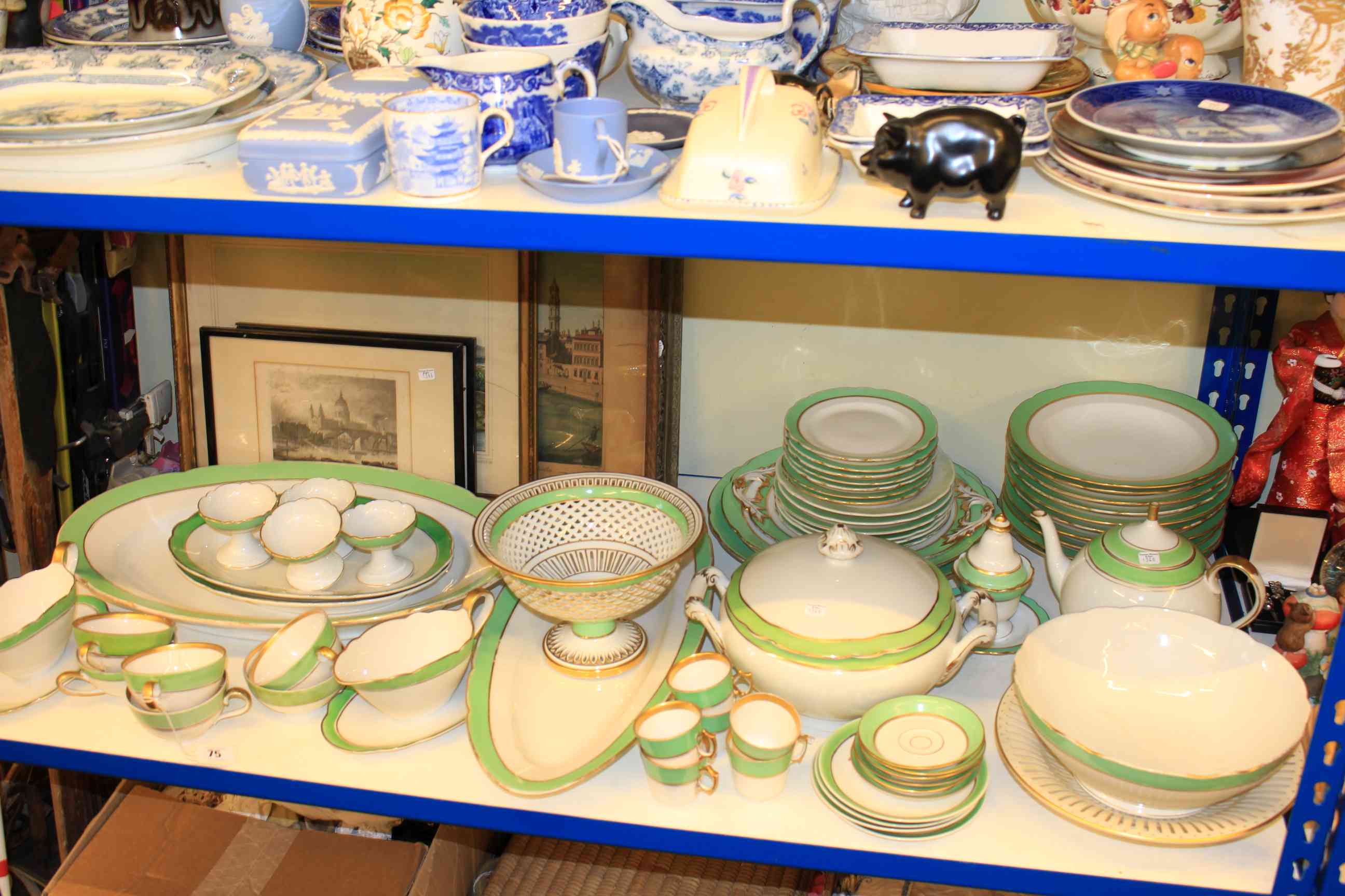 Collection of Continental green and white dinnerware and five various pictures