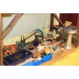 Collection of electrical and other tools including grinder, Rexon saw, clamps, socket set,