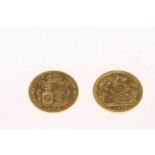 Shield back half sovereign, 1892 and another half sovereign,