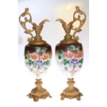 Pair of painted glass and gilt metal ewers,
