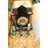 19th Century slate mantel clock, brass fire tools, ornithological engravings, Babycham glasses,