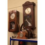 Two oak cased wall clocks and three mantel clocks (5)
