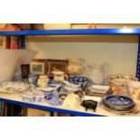 Blue and white china, Wedgwood, Crown Derby 'Gold Aves' vase, Masons bowl, plates,