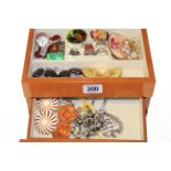 Jewellery box containing silver rings, enamel bracelet, necklace,
