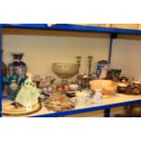 Crystal pedestal fruit bowl, Royal Doulton bowl, miniature character jugs, Coalport figure,