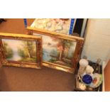 Two oil paintings, Ringtons china, glassware,