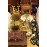 Horse brasses, brass gong, pair of 19th Century brass push-up candlesticks,