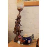 Spelter figure table lamp and pottery teapot