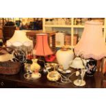 Collection of six lamps, Aynsley Orchard Gold telephone,