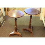 Pair Victorian rosewood pedestal triform occasional tables with mahogany tops