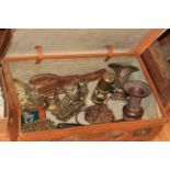 Two bronze vases, brassware and horsebrasses, lion mask door knocker,